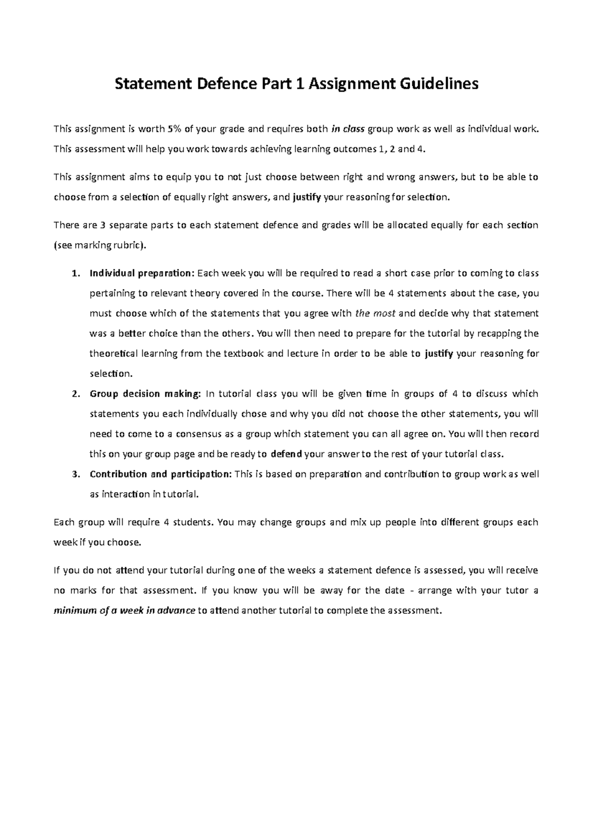 Statement Defence Part 1 Guidelines: Group and Individual Work - Studocu