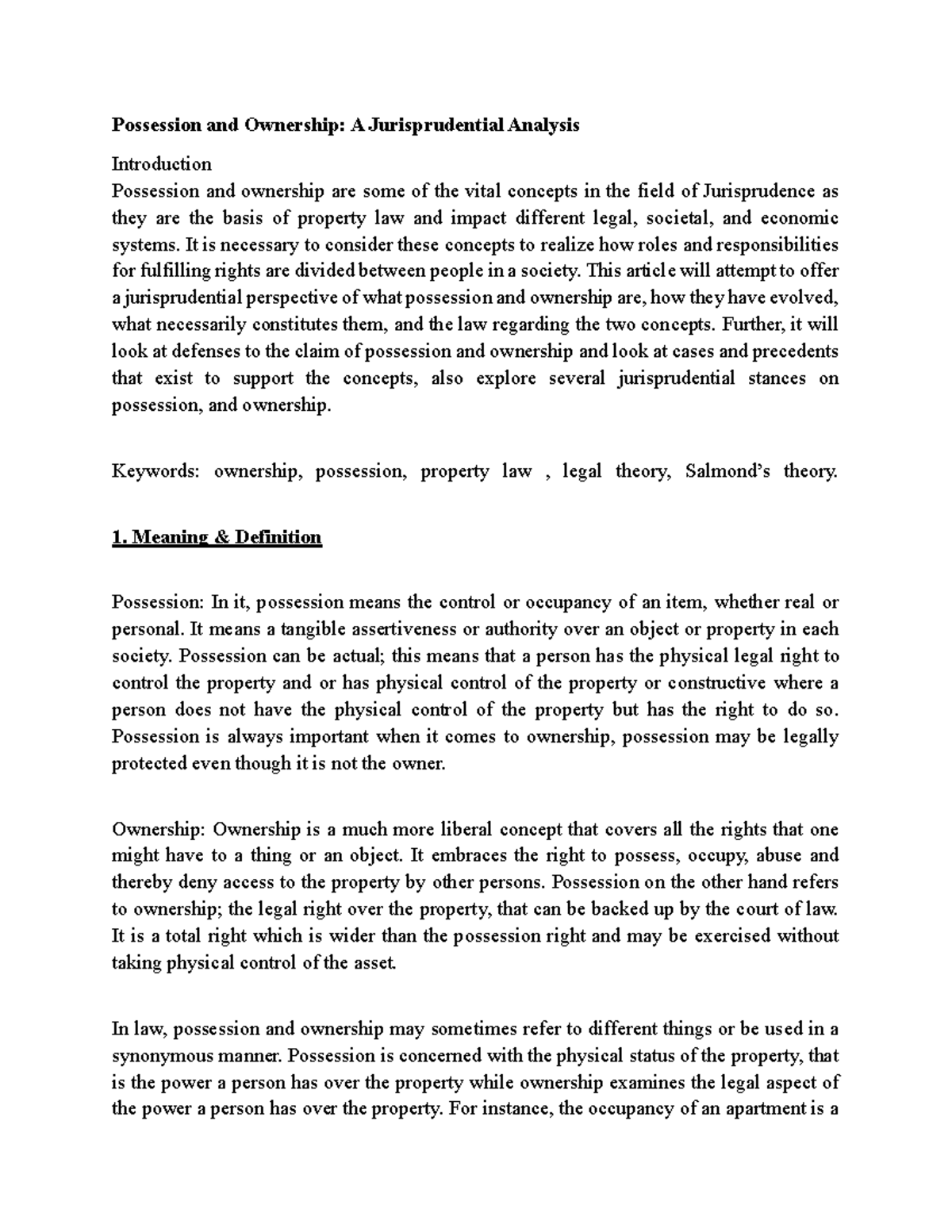 JUR 101: Jurisprudential Analysis of Possession and Ownership Concepts ...