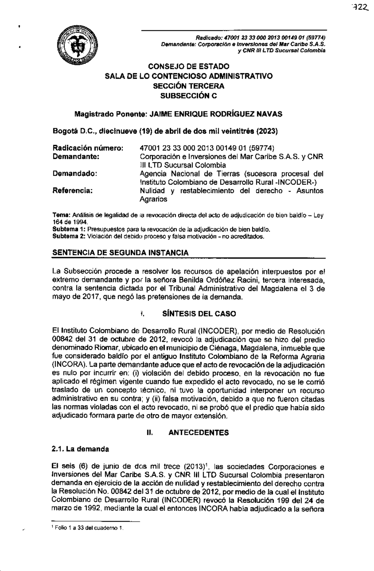 Nulidad y Restablecimiento del Derecho: Revocatoria Directa (47001 23 ...