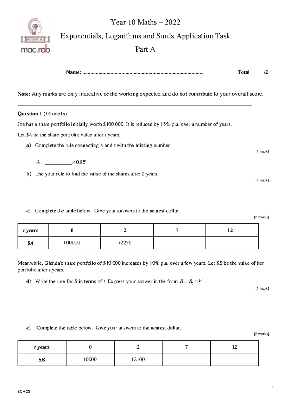 Year 10 Maths 2022: Exponentials, Logarithms & Surds Application Task ...