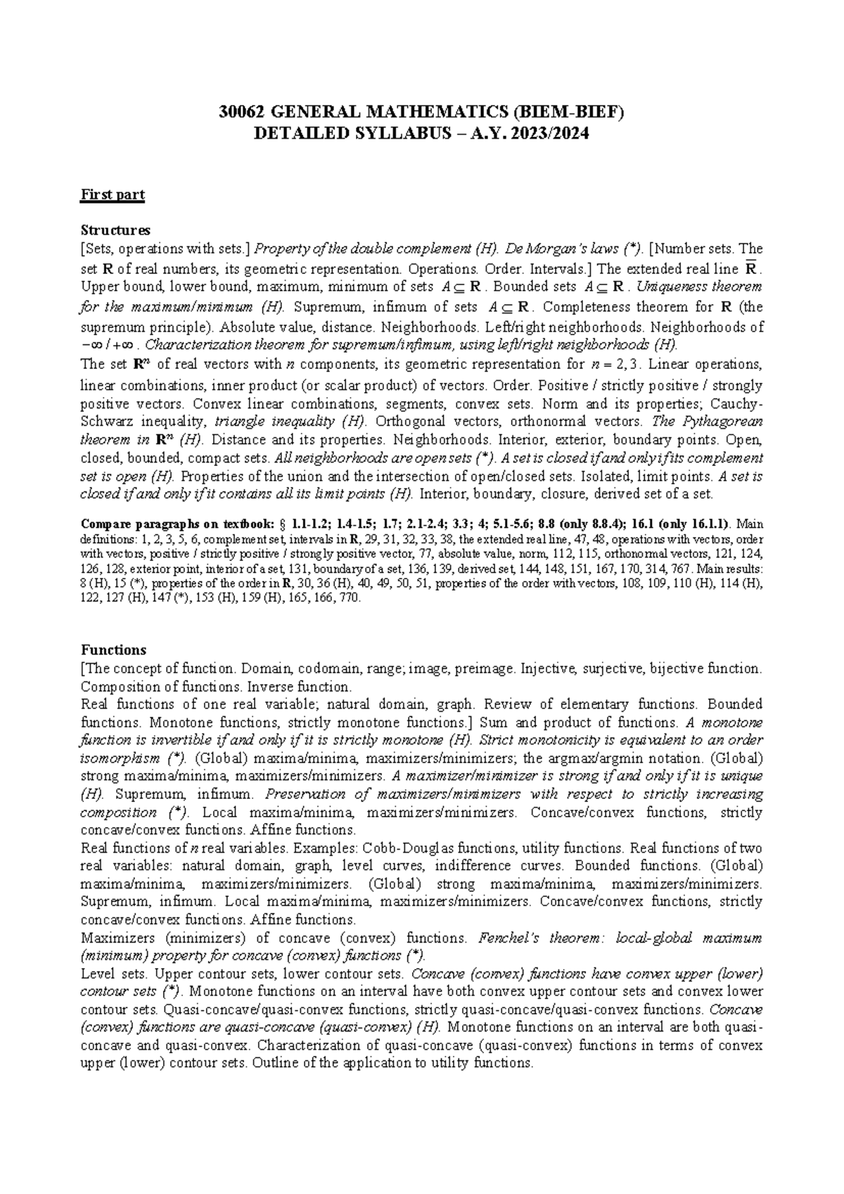 Detailed Syllabus for General Mathematics 30062 A.Y. 2023-2024 - Studocu