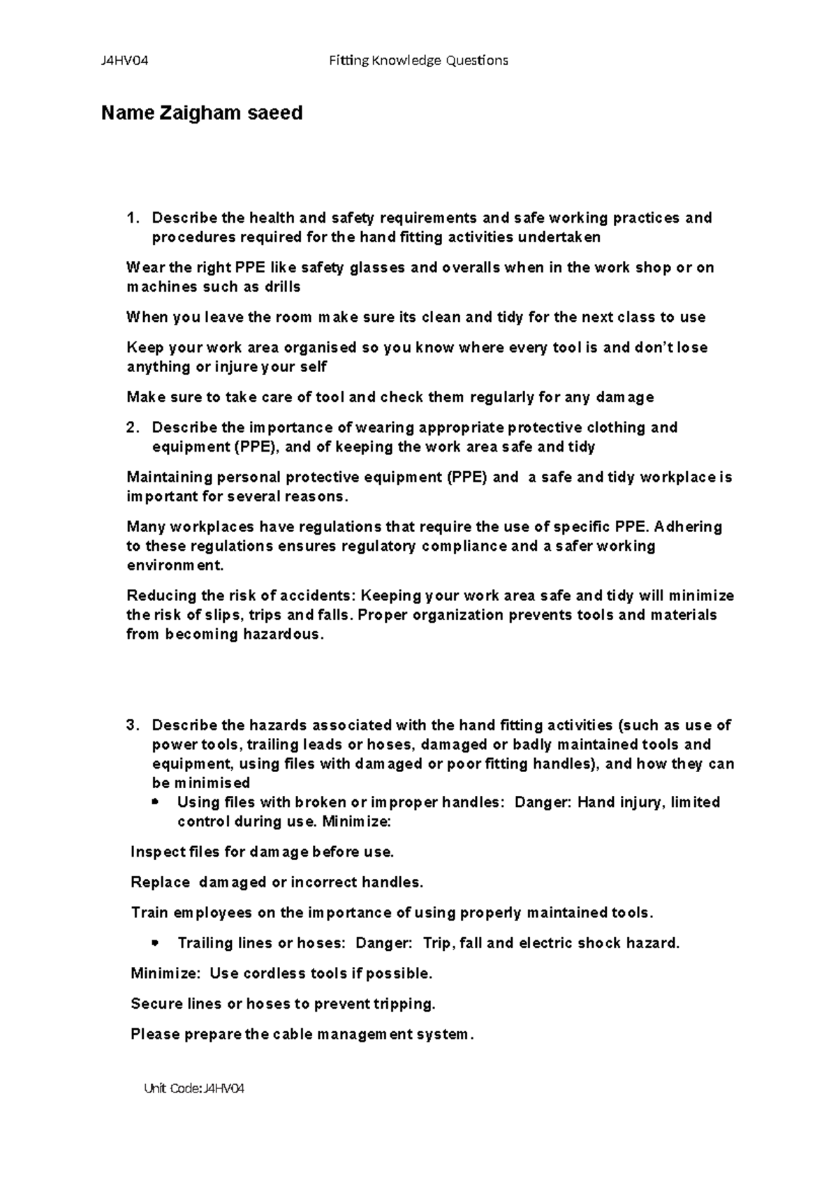 Health and Safety Guidelines for Hand Fitting Activities - HNC 101 ...