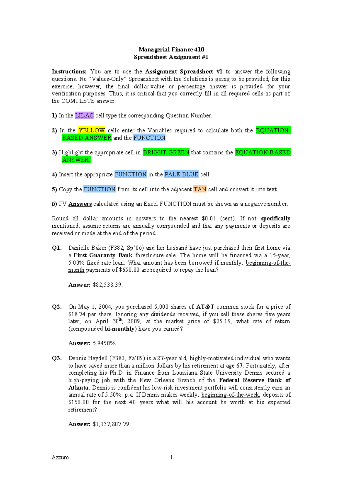 F410 Spreadsheet Assignment #1 - Managerial Finance 410 Spreadsheet ...