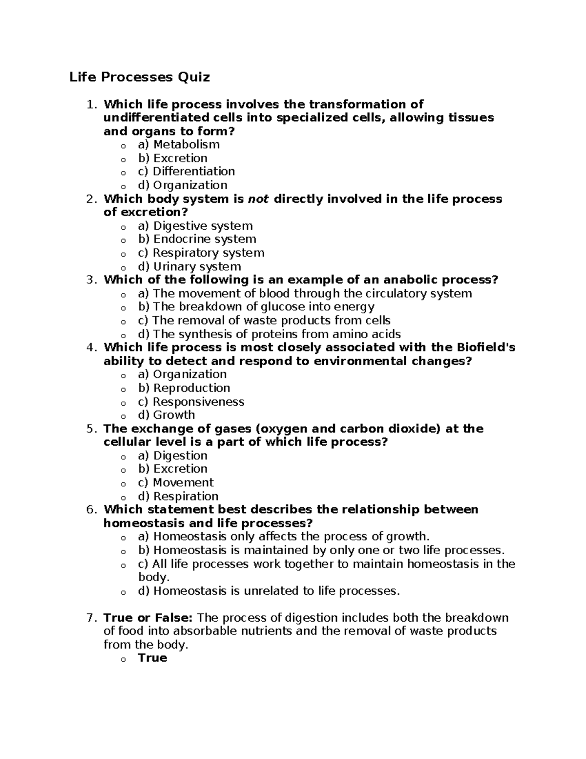 Life Processes Quiz & Answer Key (BIO 101) - Studocu