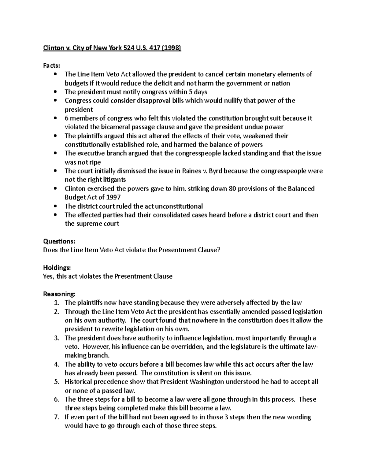 Clinton v. City of New York: Line Item Veto Act Analysis (1998) - Studocu, image size:1200x1553