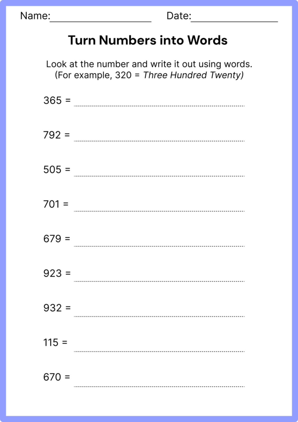 Turn Numbers Into Words Worksheet Version 3 Name Date Turn 