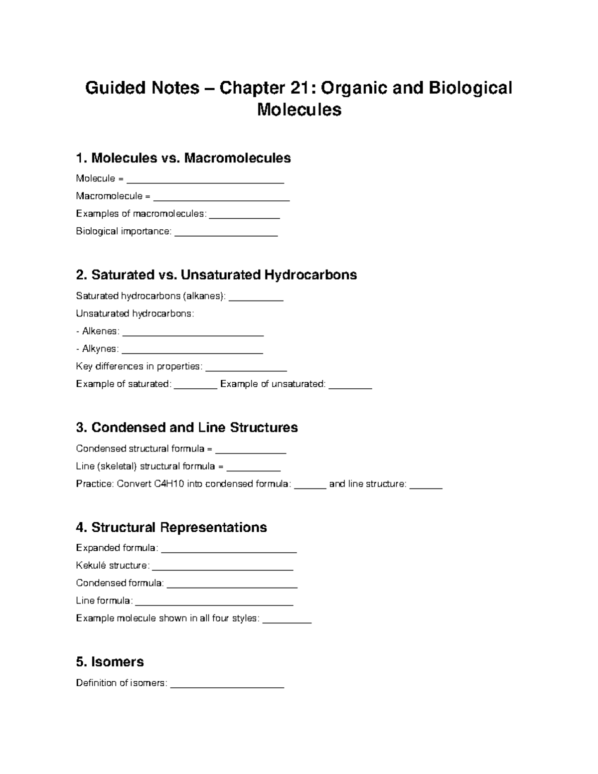 Chapter 21 Guided Notes: Organic & Biological Molecules Overview - Studocu