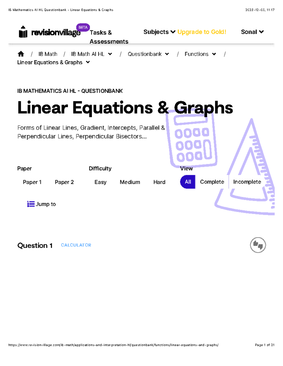 Linear Functions - Question 1 CALCULATOR IB MATHEMATICS AI HL ...