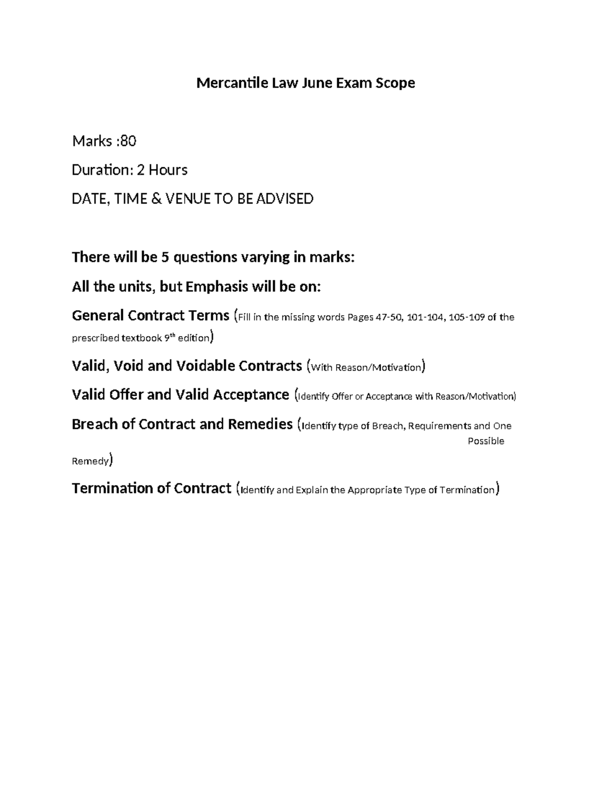 Mercantile LAW JUNE Assessment Scope - Mercantile Law June Exam Scope ...