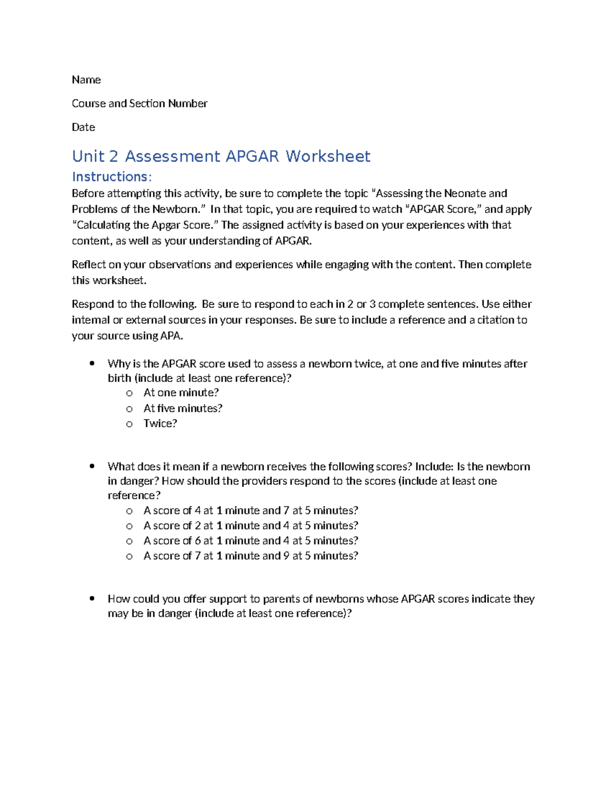 Apgar Assignment Worksheet - Name Course and Section Number Date Unit 2 ...