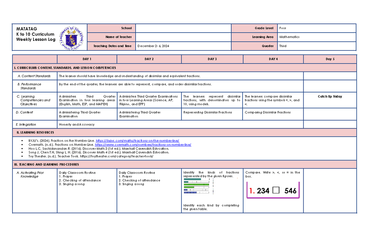 MATH4 Q3 W1 LE - LESSON - MATATAG K to 10 Curriculum Weekly Lesson Log ...