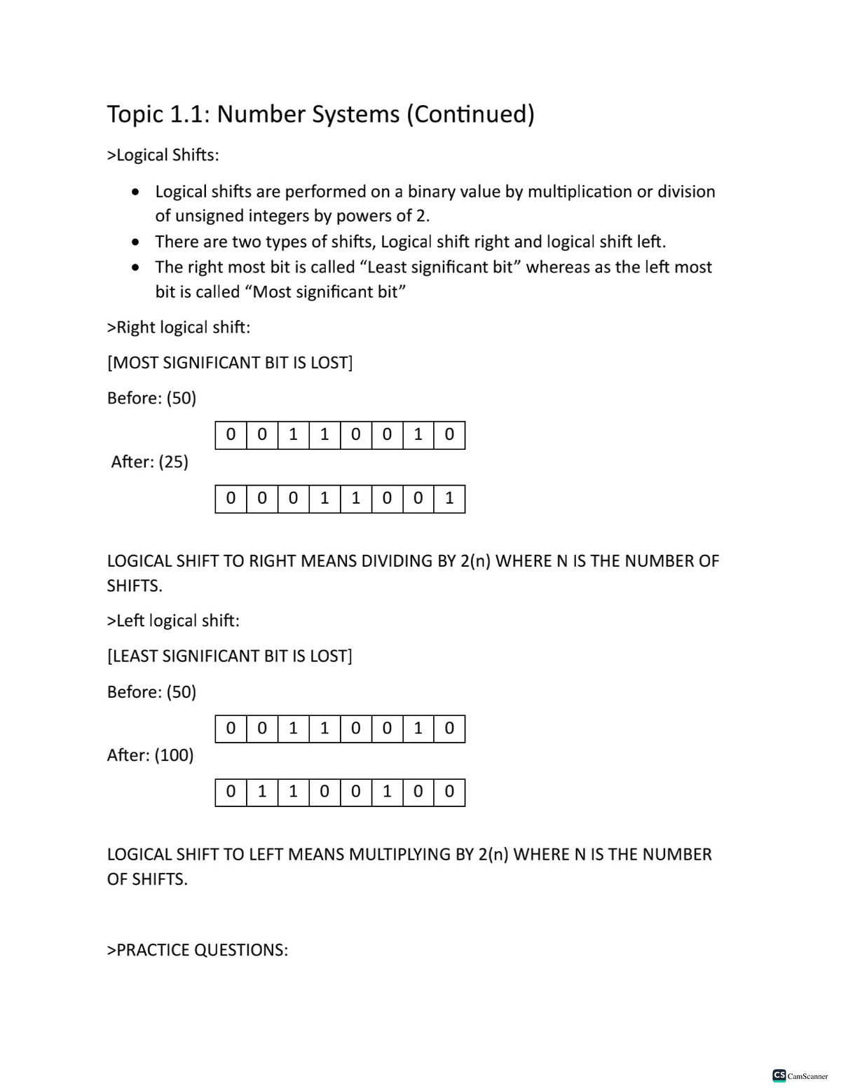 CS 1: Summary of Number Systems and Logical Shifts - Studocu