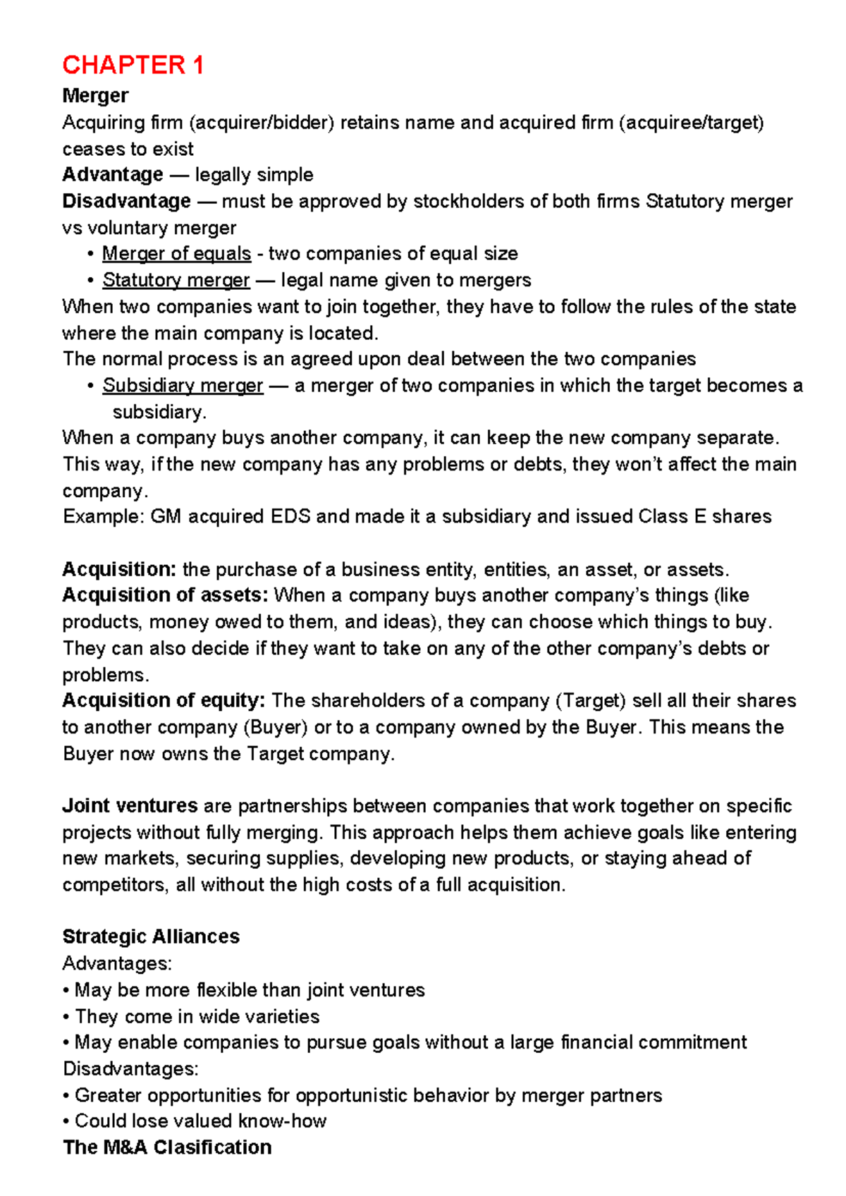 MA EXAM - Chapter 1: Mergers and Acquisitions Overview - Studocu
