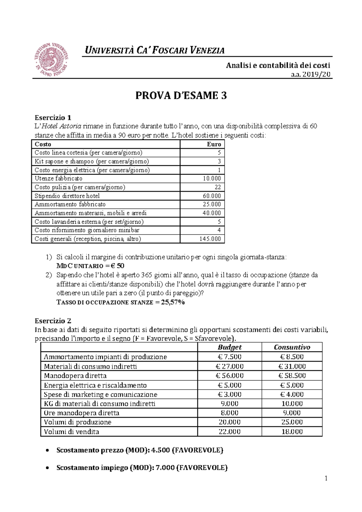 Analisi e Contabilità dei Costi - Esame 3 - Soluzioni a.a. 2019/20 ...