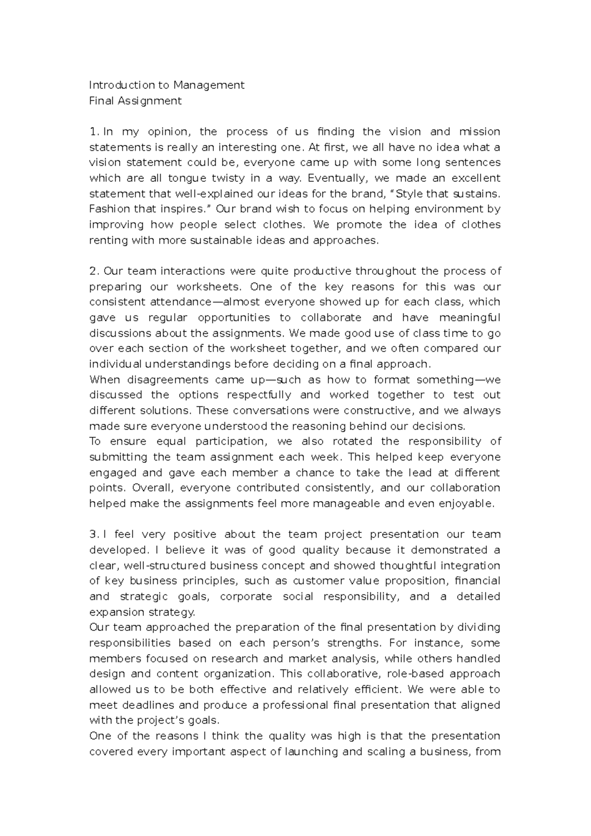 Introduction to Management - Final Assignment Insights - Studocu