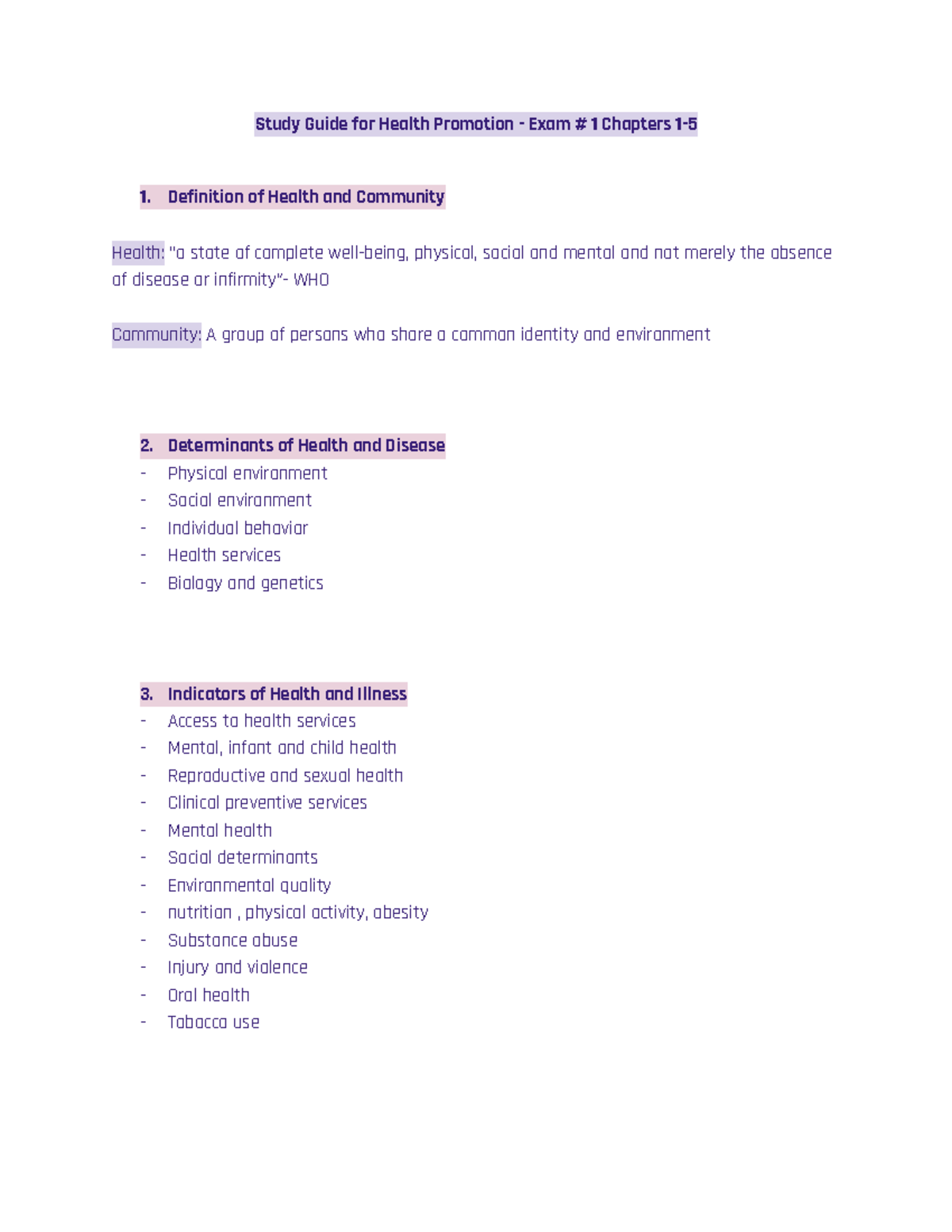 Study Guide for Health Promotion - Exam # 1 - Definition of Health and ...