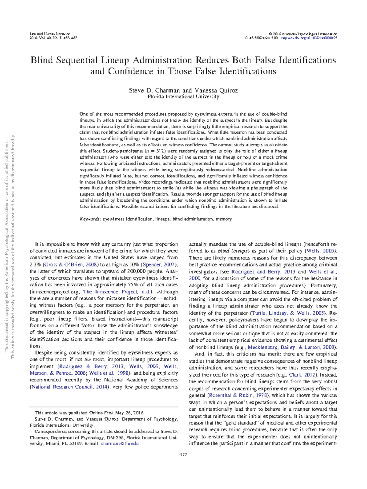 Blind vs. Nonblind Lineup Administration: Effects on Eyewitness ...