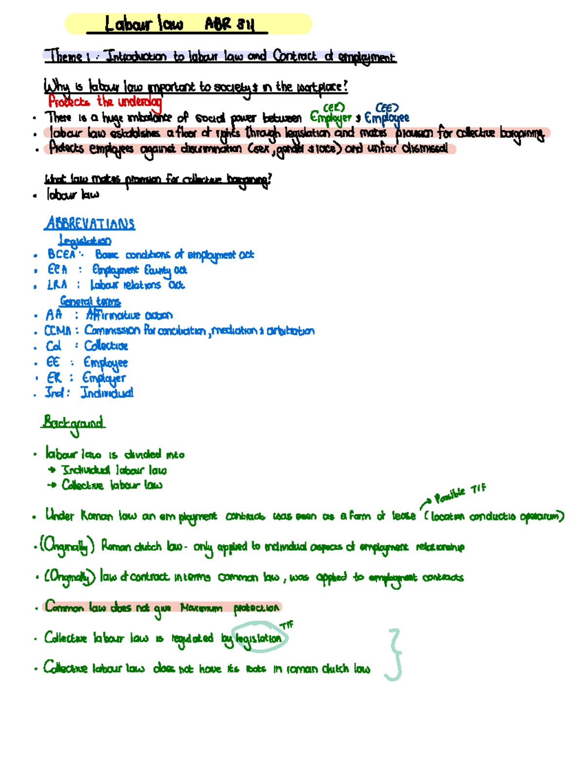 Labour Law (ABR 31) Theme I: Introduction to Employment Contracts and ...