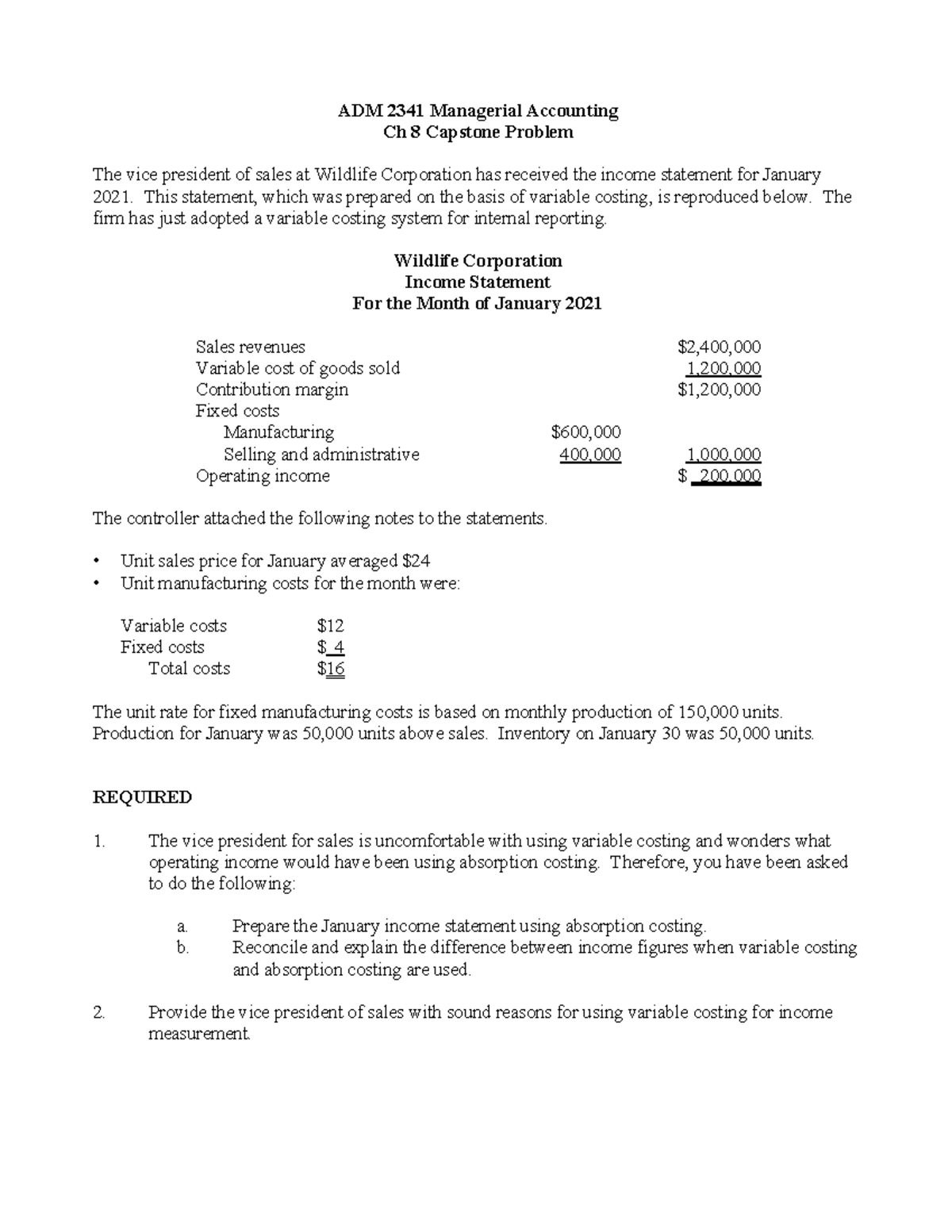ADM 2341 Managerial Accounting S25 Ch 8 Capstone Problem Analysis - Studocu