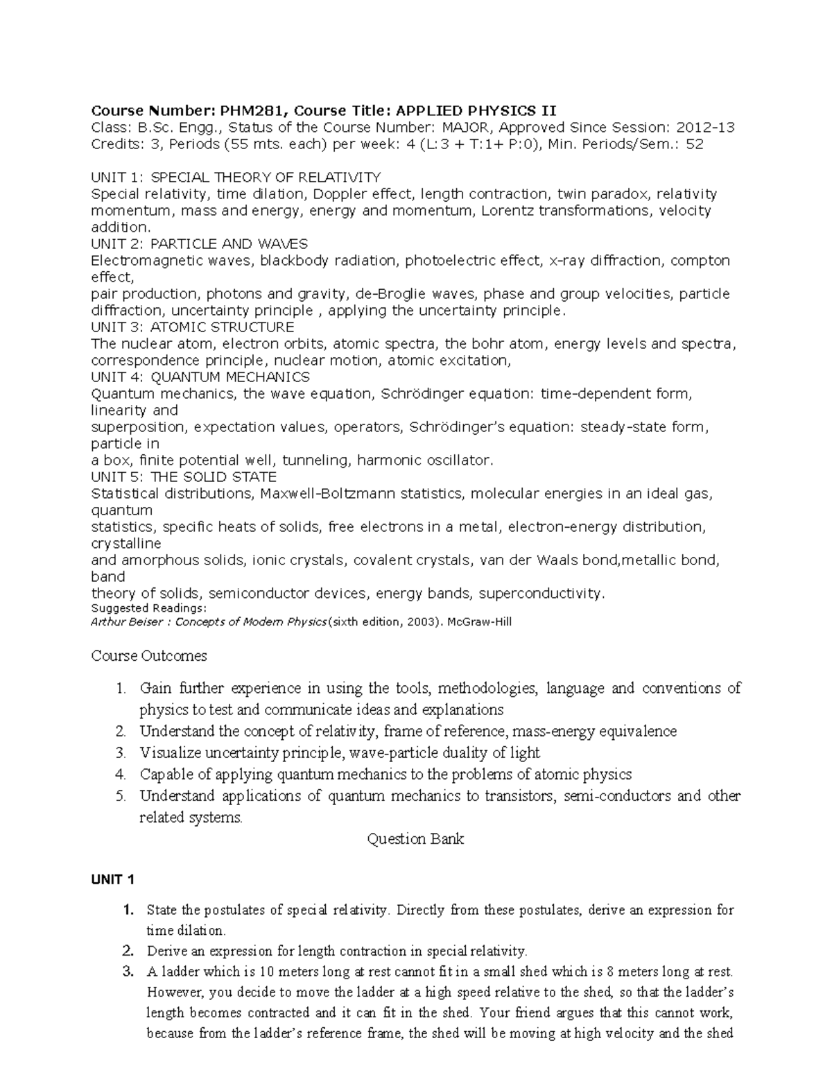 PHM281 Applied Physics II: Comprehensive Question Bank - Studocu