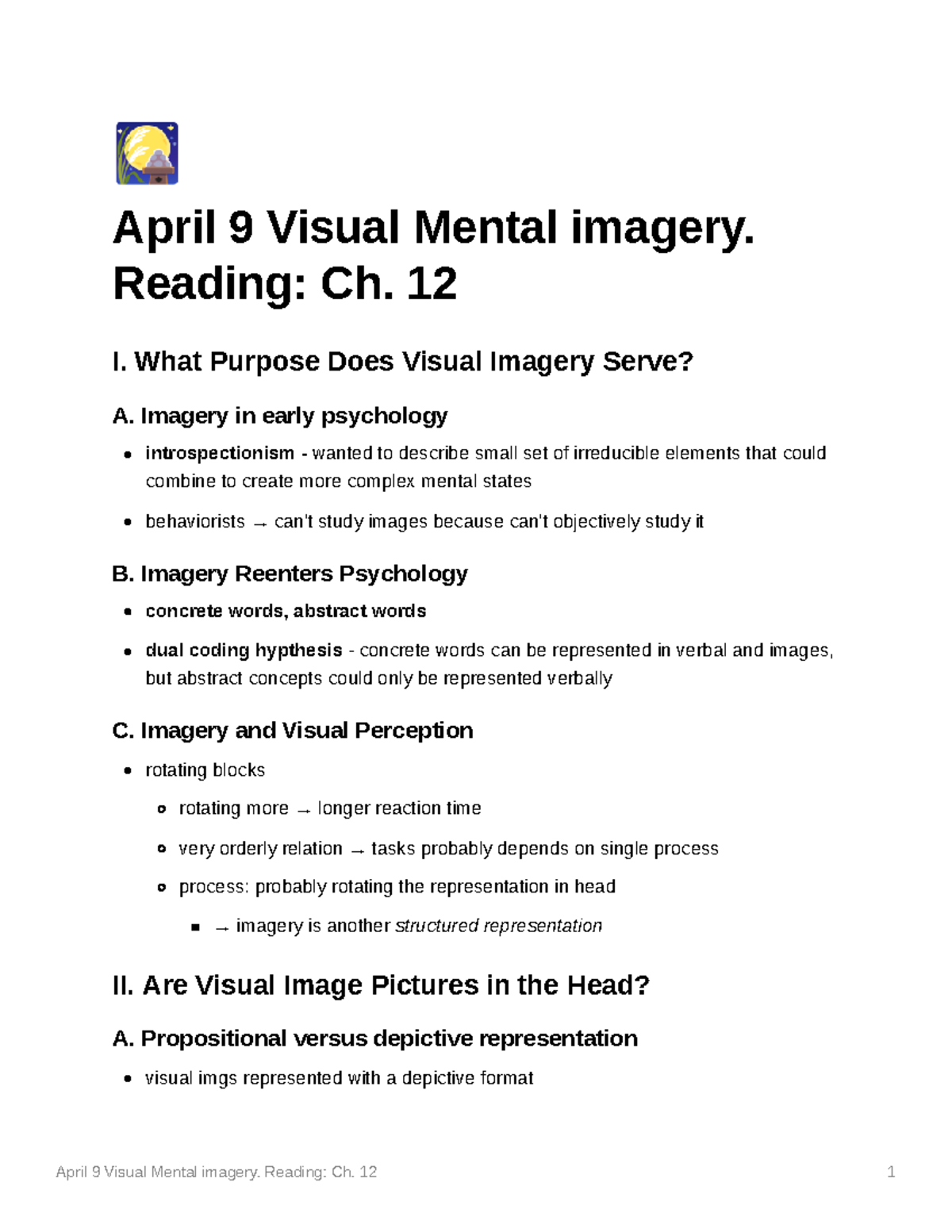Visual Mental Imagery Insights - Psychology Ch. 12 Overview - Studocu