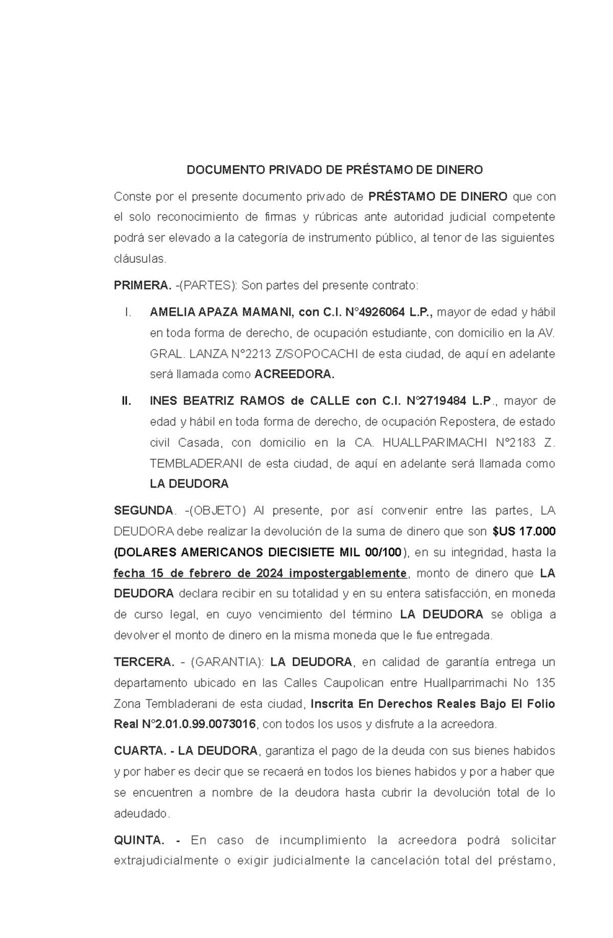Documento Privado de Préstamo Dinero: Cláusulas y Garantías - Document Preview
