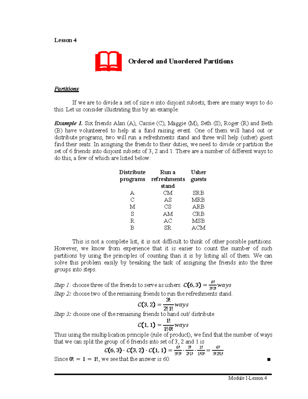 Ordered and Unordered Partitions - Module I-Lesson 4 Lesson 4 ...
