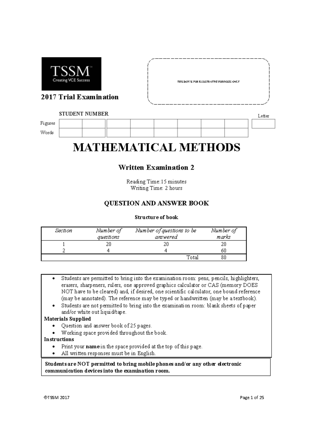 2017 MATHEMATICAL METHODS Trial Exam - Question & Answer Book - Studocu