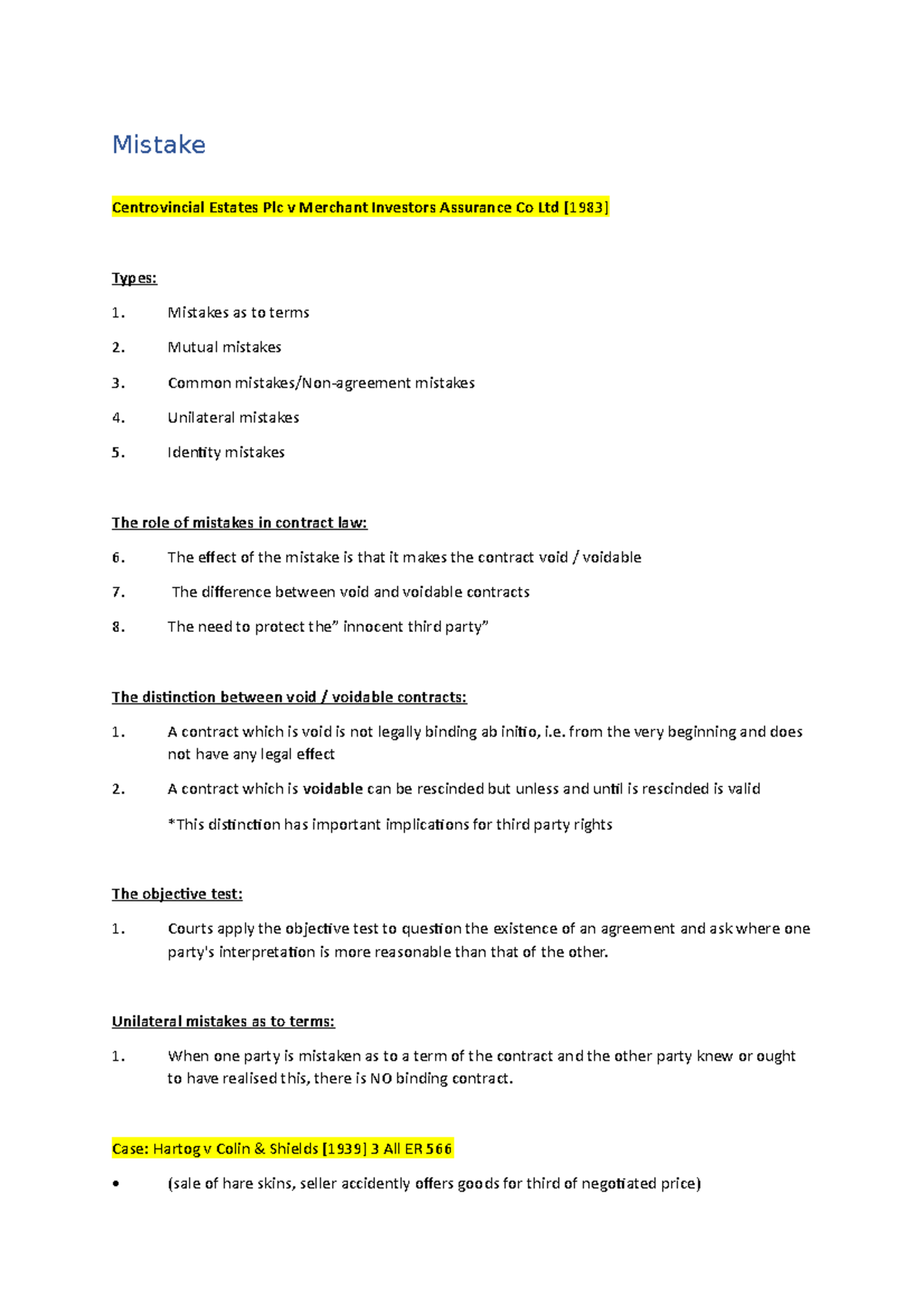 Contract Law - Understanding Mistakes in Agreements - Studocu