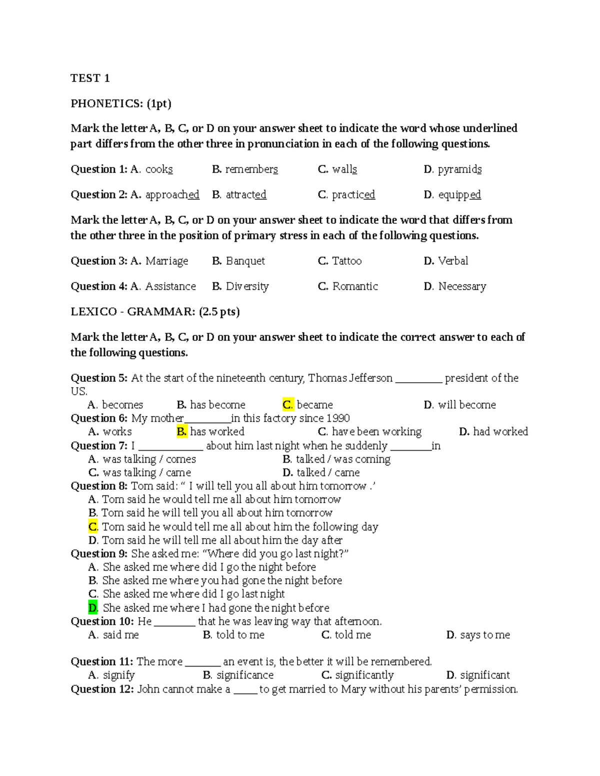C++ Test 1: Phonetics, Lexico-Grammar, Speaking & Reading Questions ...