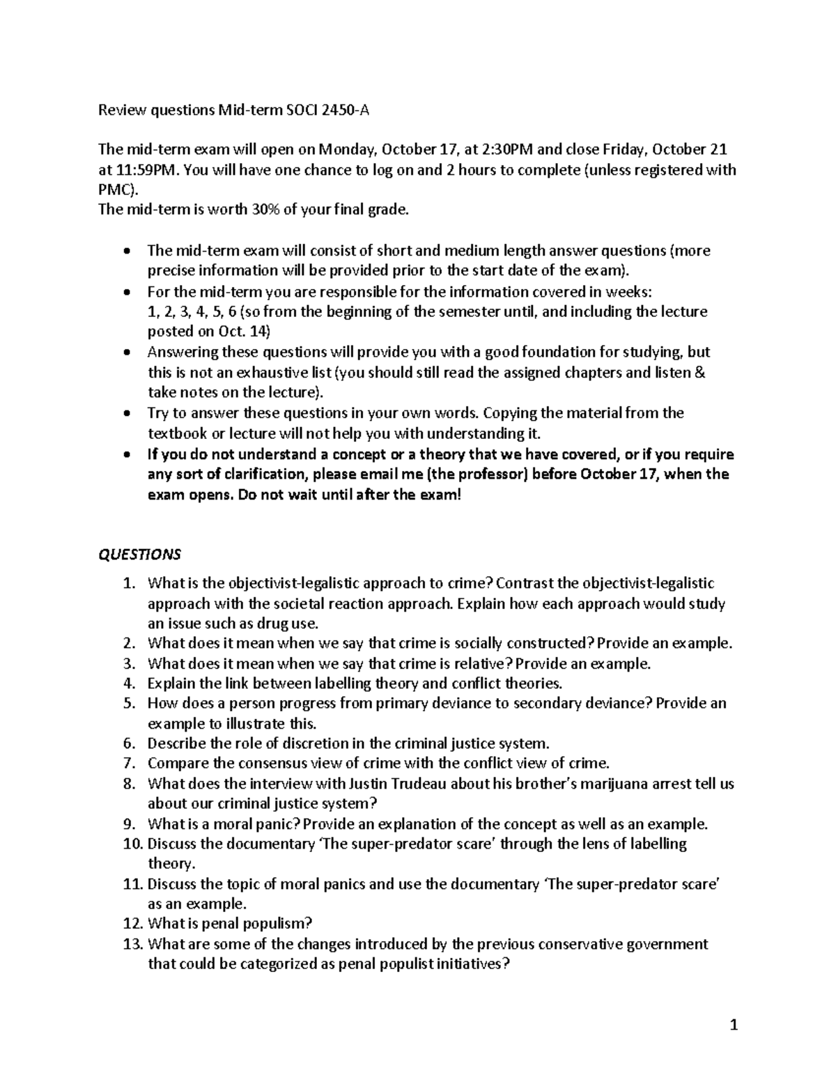 Mid-term Exam Review Questions for SOCI 2450A - Fall 2022 - Studocu