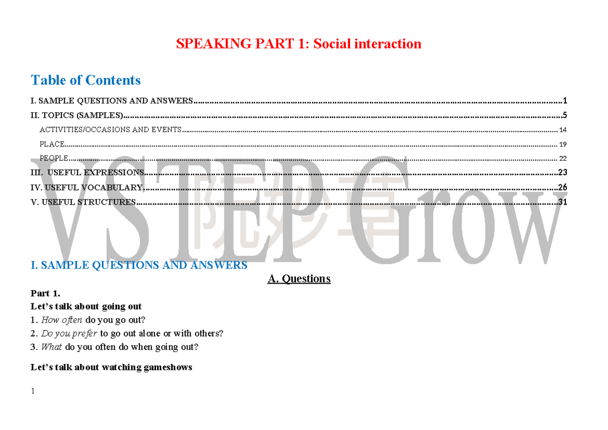 Speaking PART 1: Social Interaction Guide for VSTEP B2 Exam - Studocu