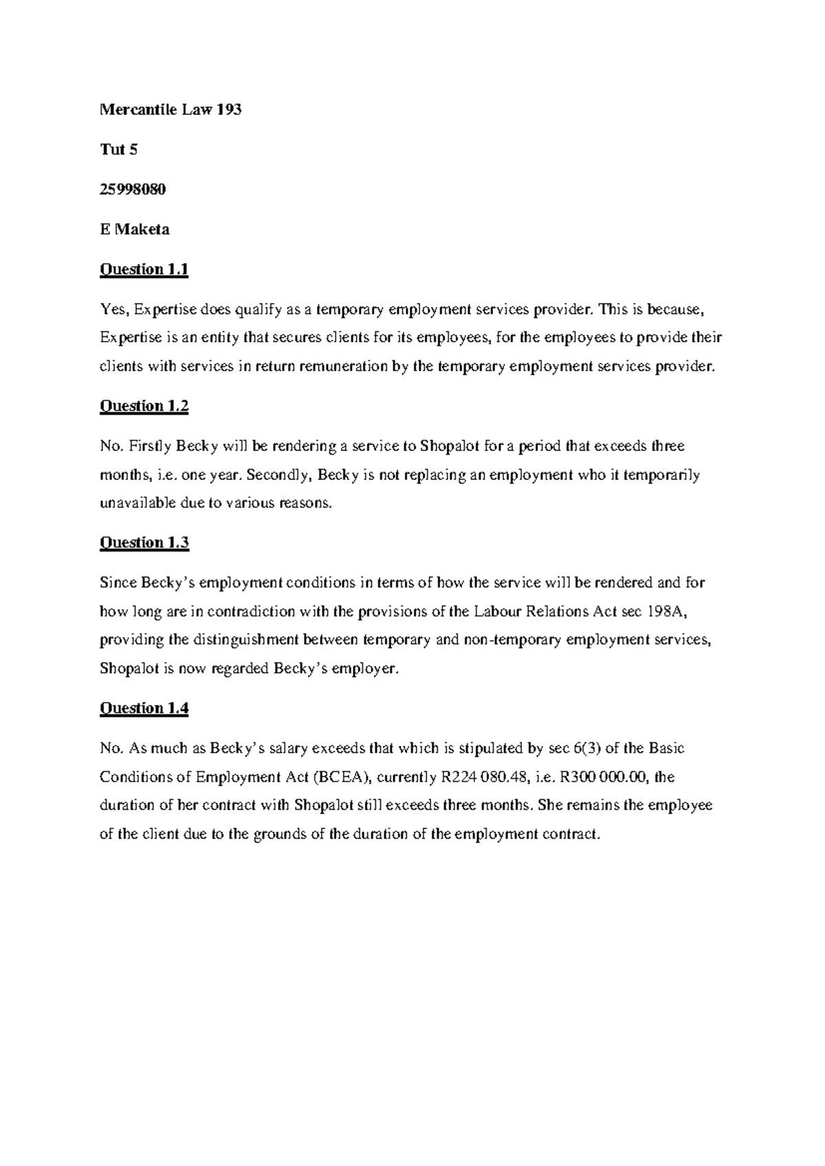 Mercantile Law 193 - Tutorial 5 on Temporary Employment Services - Studocu
