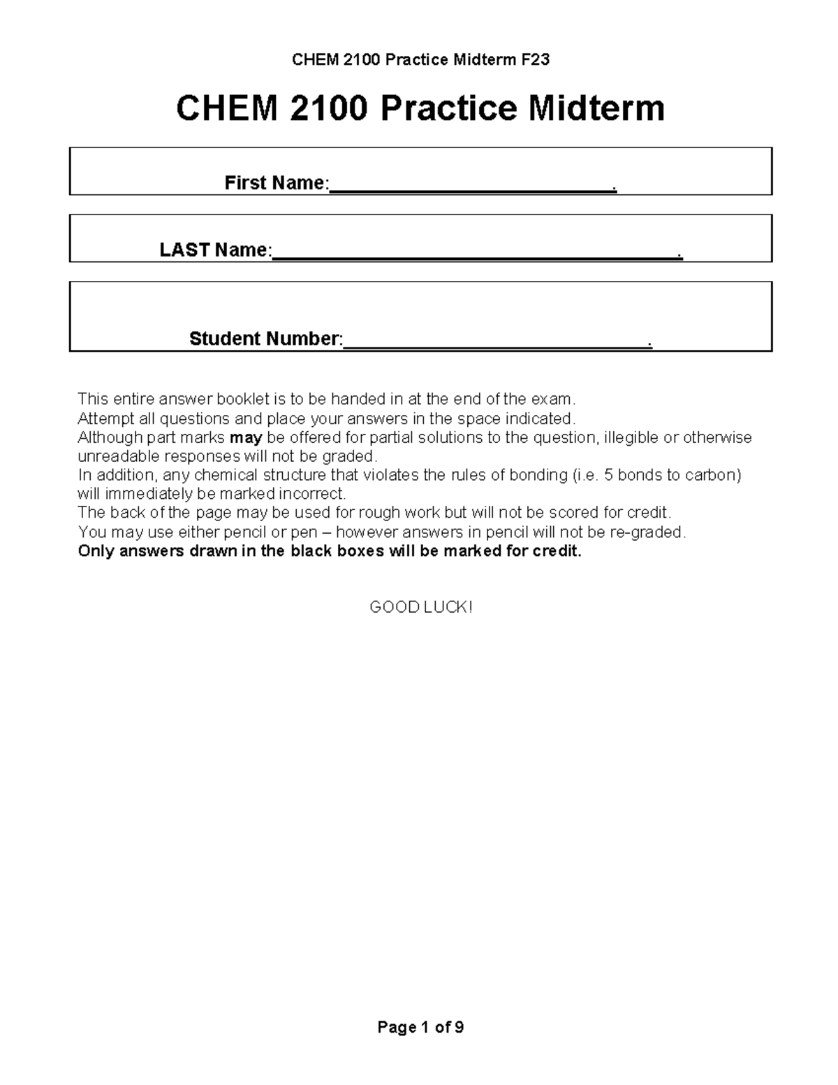 CHEM2100 Midterm Practice Exam Key and Solutions - Studocu