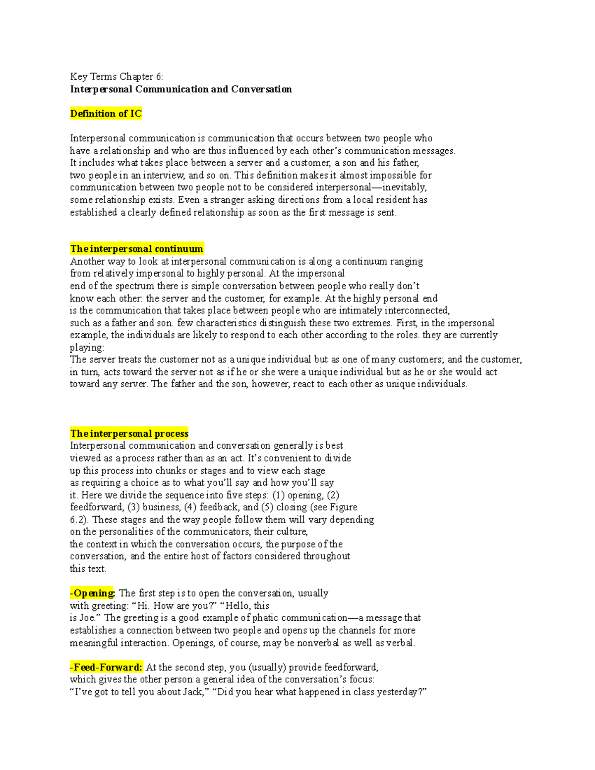 Interpersonal Communication: Chapter 6 Key Concepts and Processes - Studocu