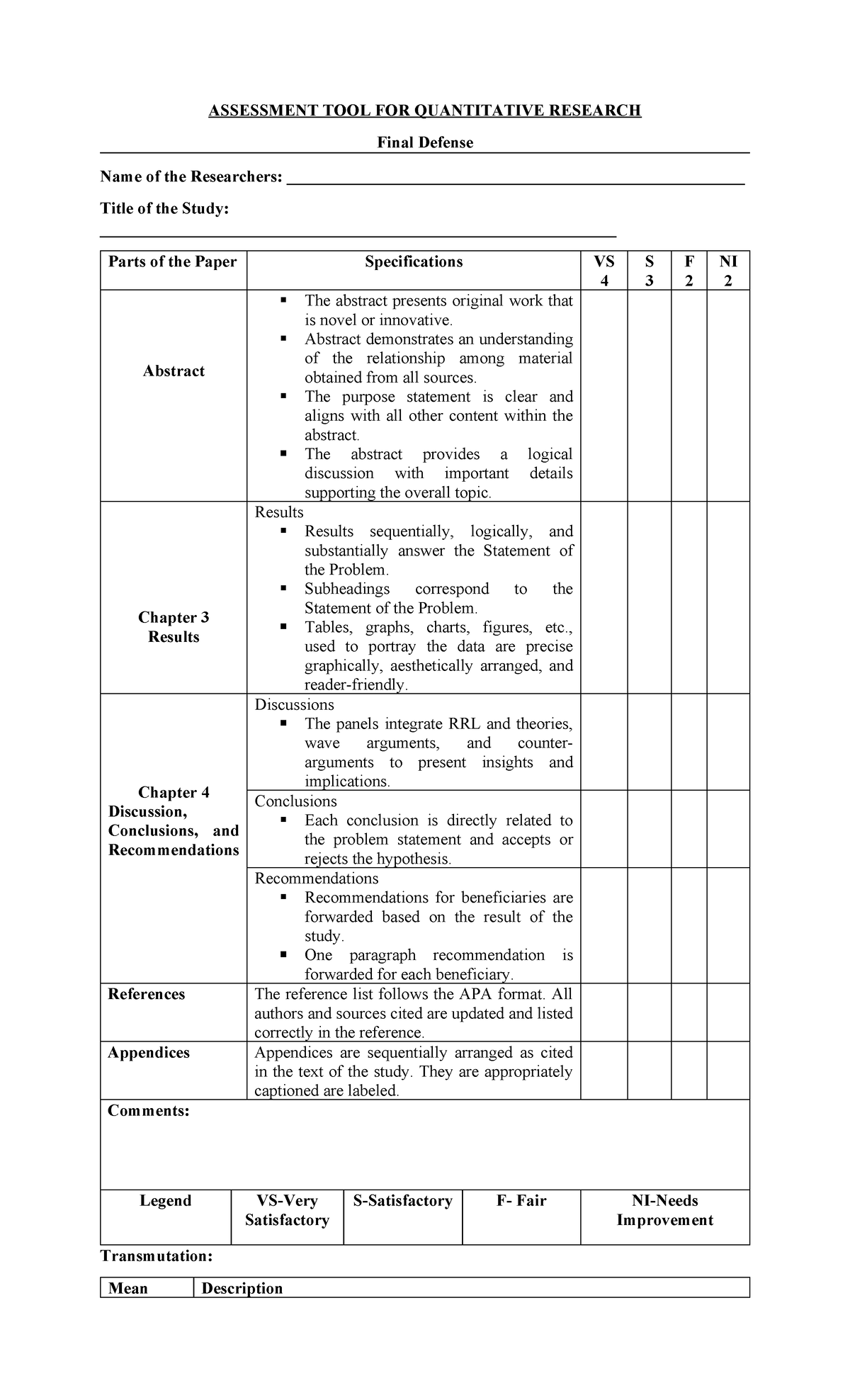 ASSESSMENT TOOL FOR QUANTITATIVE RESEARCH Final Defense Rubric - Studocu