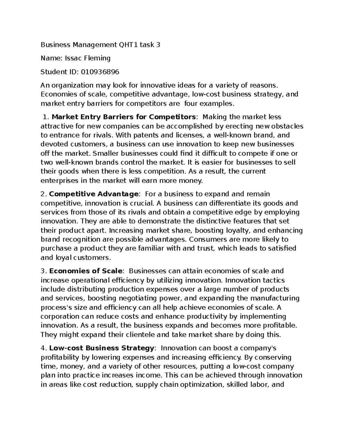 Business Management QHT1 Task 3: Innovation Strategies for Success ...