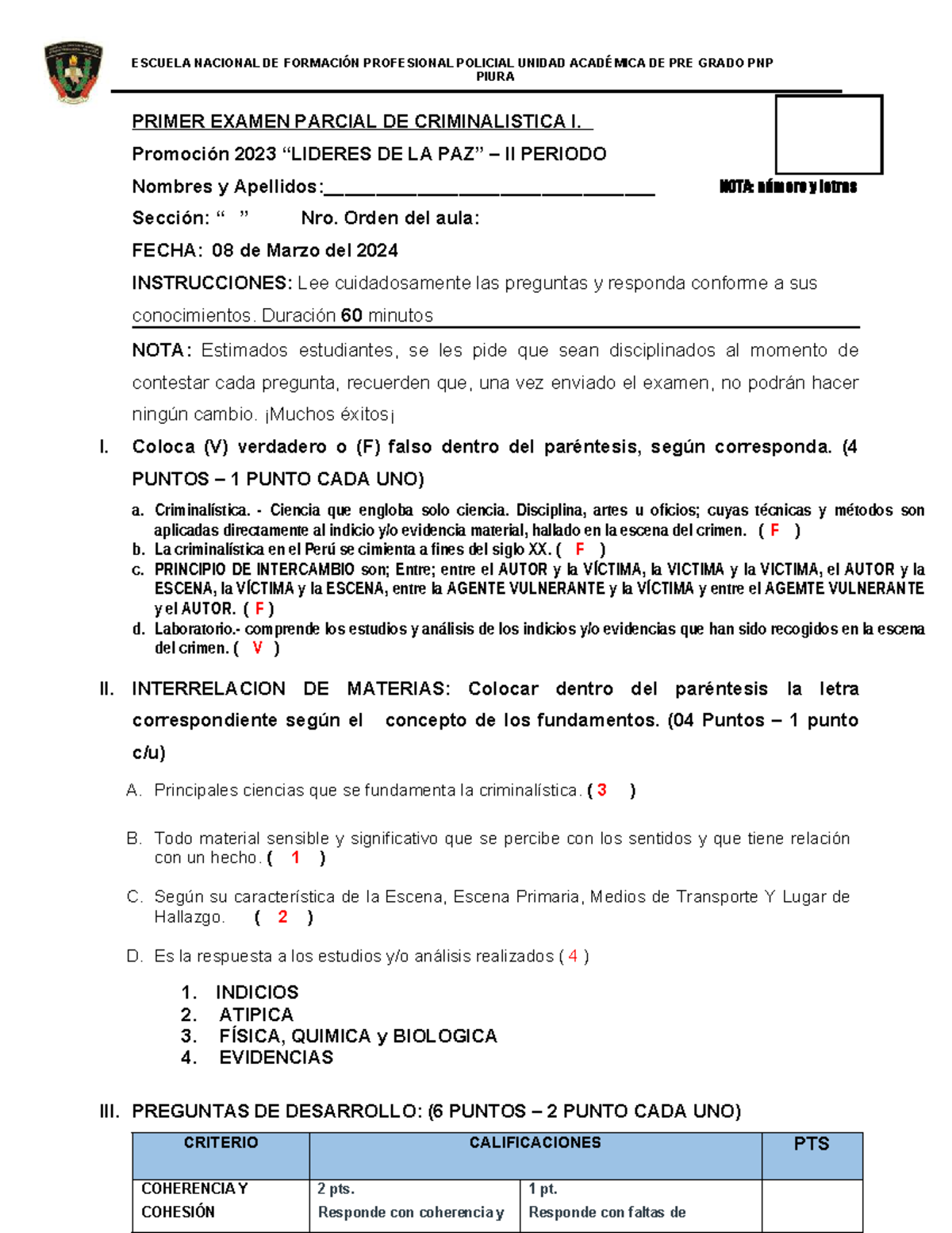 Primer Examen Parcial de Criminalística I - PNP 2023 - Studocu