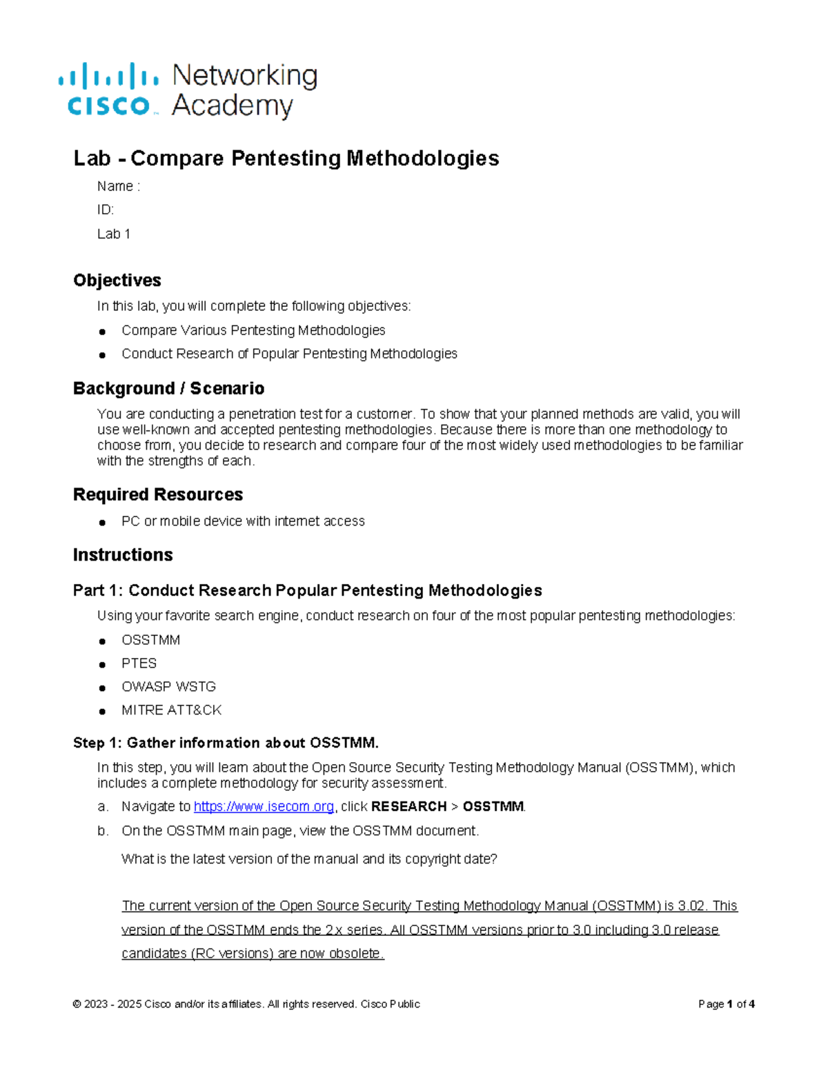 1.2.6 Lab - Comparing Popular Pentesting Methodologies - ILM - Studocu
