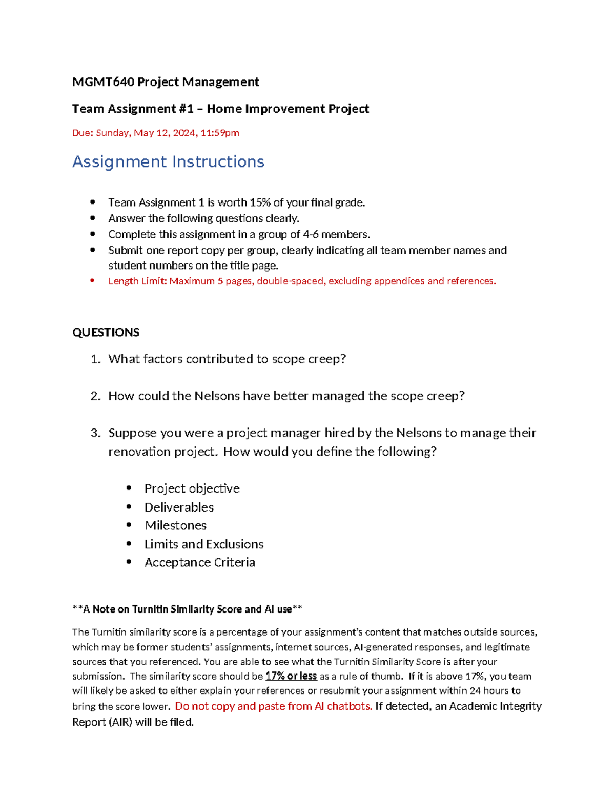 MGMT640 Team Assignment 1: Strategies for Home Improvement Project ...