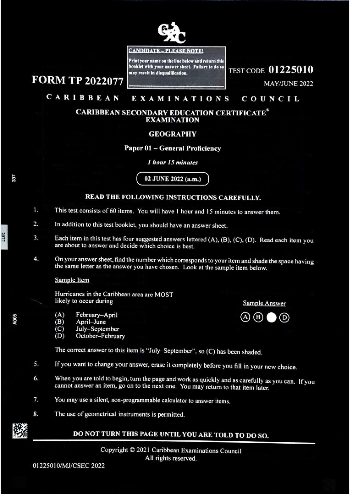 CSEC Geography Paper 01 General Proficiency Test Code 01 225010 - June ...