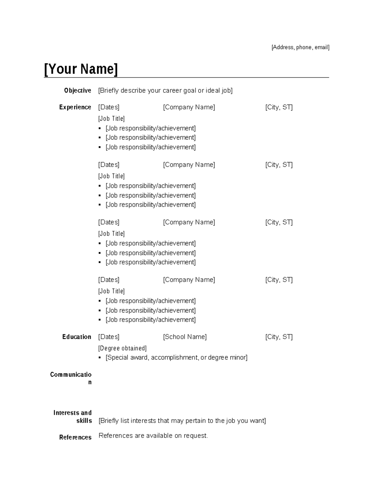 Chronological CV - CV example - [Address, phone, email] [Your Name ...