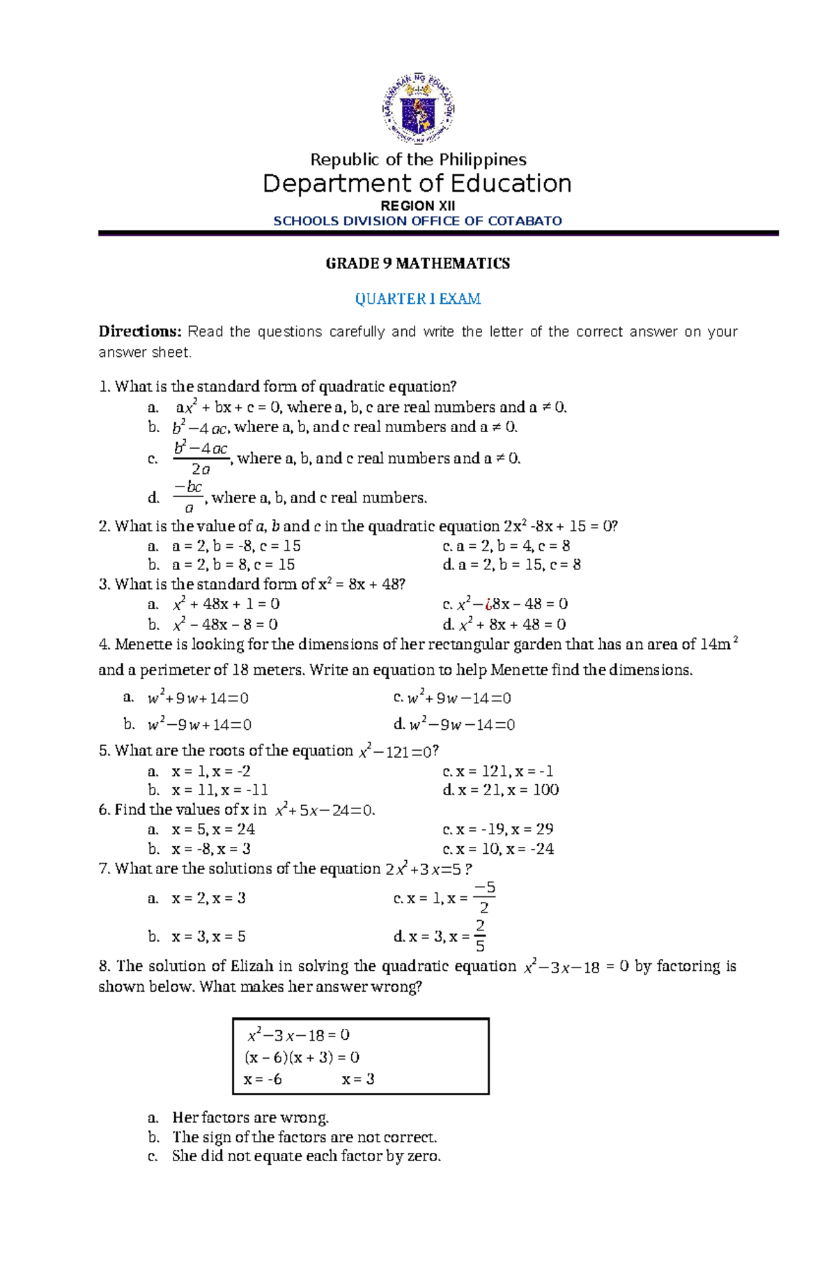 Grade 9 Math Q1 Exam: Quadratic Equations & Functions - Studocu