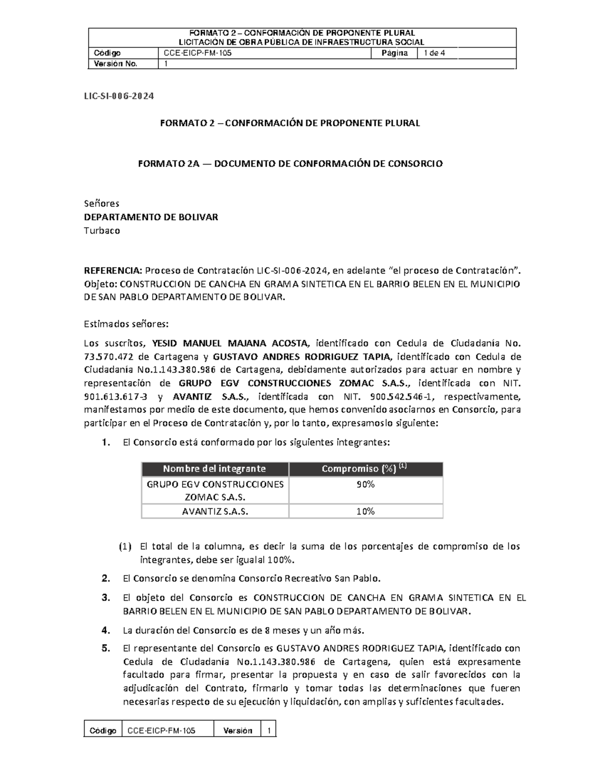 Formato 2 - Conformación de Proponente Plural CCE-EICP-FM-105 - Studocu