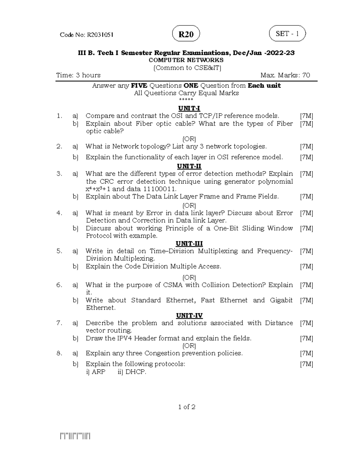 B. Tech I Sem R20 Computer Networks Exam Questions - Jan 2023 - Studocu