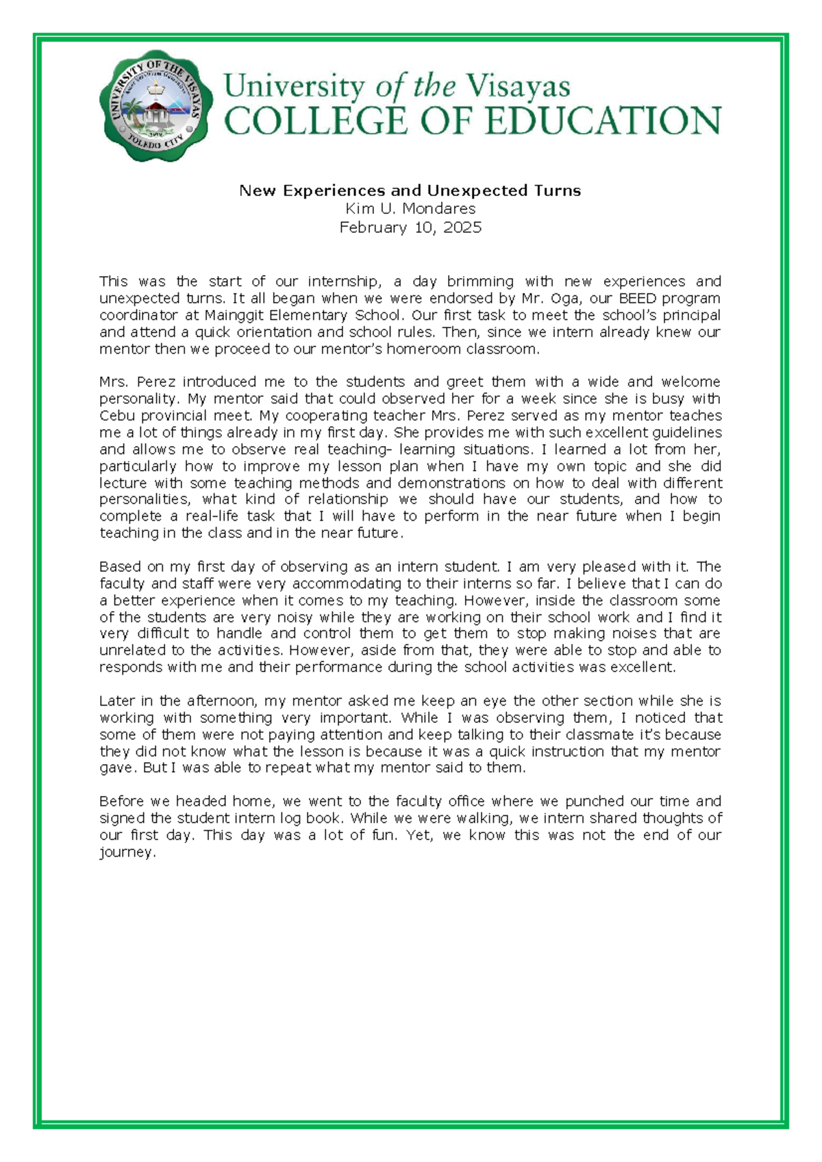 Daily Journal of Internship: Week 1 Reflections & Experiences - Studocu