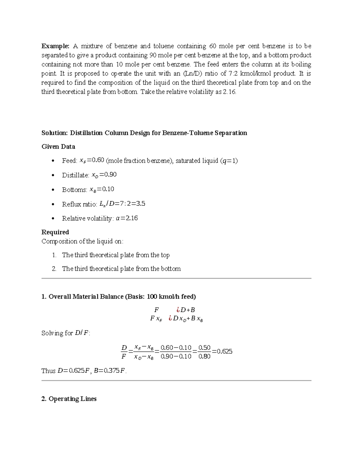 Distillation Column Design: Example-2&3 Solutions for Course CHEM 301 ...