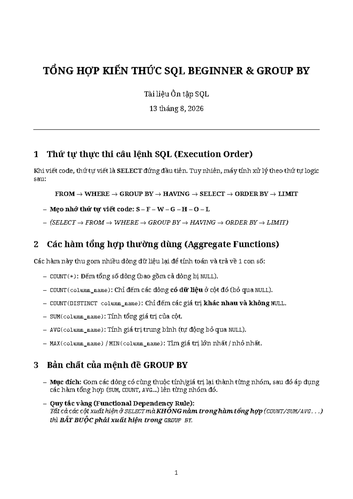 Tổng Hợp Kiến Thức SQL Beginner - Ôn Tập Tài Liệu 2026 - Studocu