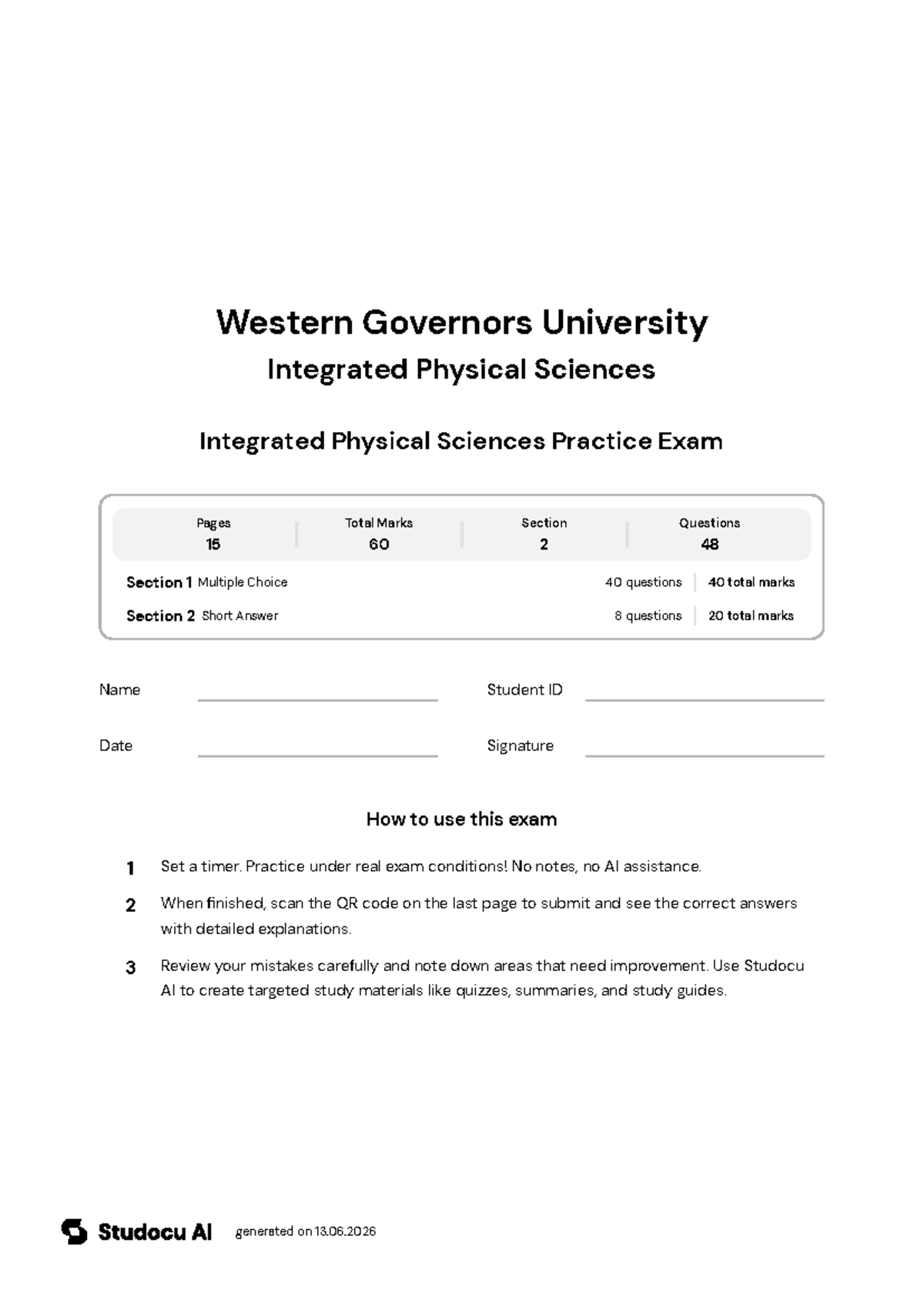 Integrated Physical Sciences Practice Exam - Studocu