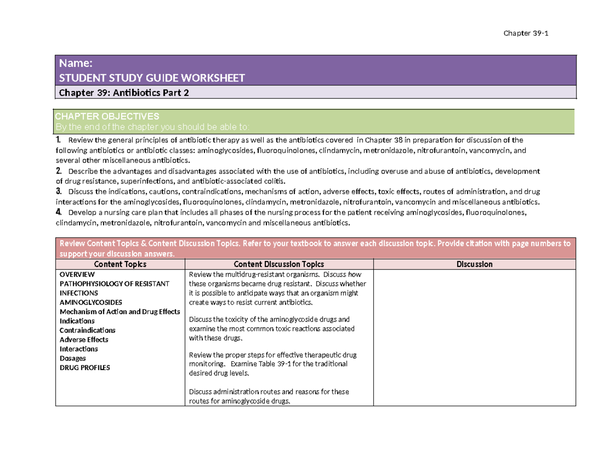 Chapter 39 Study Guide Worksheet Student - Chapter 39- 1 Name: STUDENT